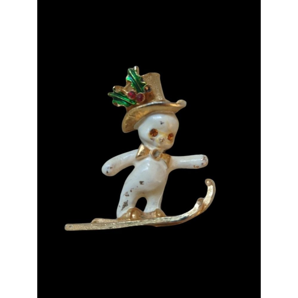 Vtg Enameled Skiing Snowman Brooch, Winter Holiday Jewelry White&Gold Tone Small